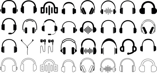 headphone icons vector set, diverse headphone styles, audio, music listening. perfect for web design