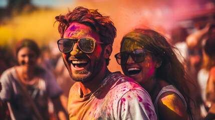 couple  enjoying colourful holi with smiling face,s Generative Ai