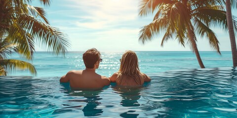 Canvas Print - Couple relaxing in swimming pool at tropical resort. Honeymoon concept