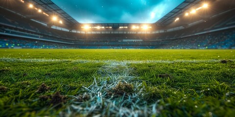 Wall Mural - a soccer stadium with green grass and spotlights
