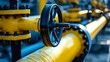 Gas pipeline with safety valve in the gas pipeline industry. Yellow pipeline power equipment. Fuel energy technology concept.