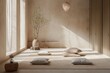Interior scene of a minimalist yoga or meditation space with serene decor, neutral tones, and uncluttered surroundings