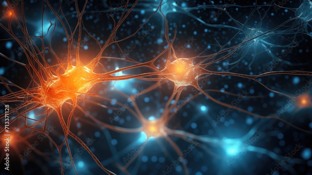 Sinapses Background Glowing blue and orange synapses in human or futuristic medical science ...