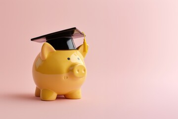 Pink ceramic piggy bank wearing graduate hat with golden tassel for university graduation poster