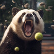 A jubilant panda engaging in a lively game of pickleball