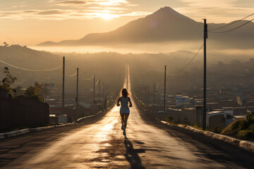 Sticker - young woman running against sunrise in mountainous scene with beautiful views background, in the style of light gray and silver, urban minimalism,