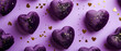 Mockup of purple velvet hearts shaped on textured purple. Flat lay. Top view. View from above. Valentine's Day. Holidays background. Generative Ai