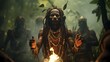 An African shaman in the Amazon forests in the process of ritual and shamanism, communicating with the spirits of nature