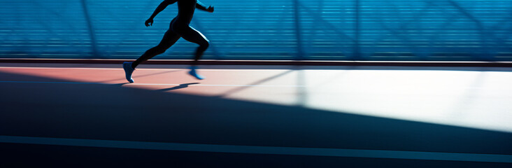 Wall Mural - a person is running on a big race track, in the style of indigo and cyan, split toning, close-up, contrasting shadows, wimmelbilder, realist detail, stylish
