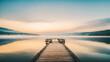 A straight flat simplistic rectangular, lake dock. beautiful sunrise, foggy. calm water. Nature relax wallpaper