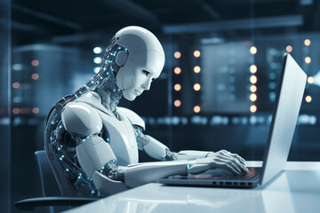 Poster - Ai replacing human in jobs concept photo. Humanoid robot sitting at desk in office typing on laptop. robot working as software engineer, programmer or data scientist, futuristic technology