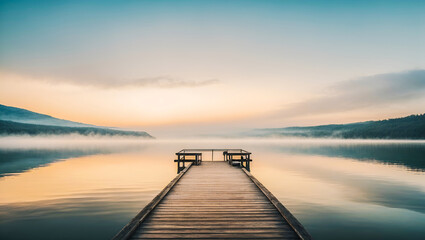 a straight flat simplistic rectangular, lake dock. beautiful sunrise, foggy. calm water. nature rela