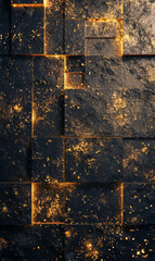 Canvas Print - Grungy textured vertical wall with black blocks and gold elements.