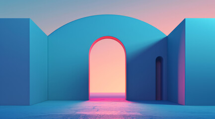 Sticker - An archway glows with a pink sunset, framed by blue walls.