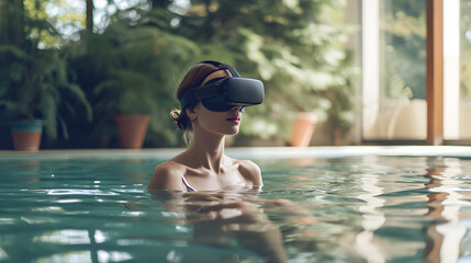 Wall Mural - Photograph of one woman in a pool wearing a VR headset.