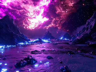 Night scene with futuristic fantasy landscape, sea, rocks, and neon cosmic portals. Abstract UV light background