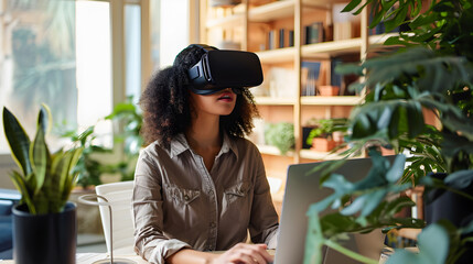 Wall Mural - Photograph of one woman working in an office wearing a VR headset.