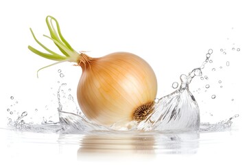 onion splashing with clear water in the air isolated on white background