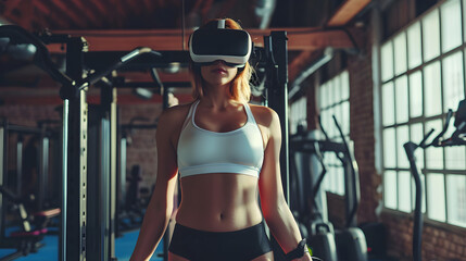 Wall Mural - Photograph of one woman at the gym wearing a VR headset.