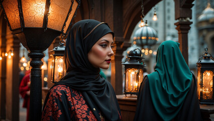 Wall Mural - Young Muslim woman with lantern on bokeh festival light background, Islamic New Year celebration.