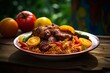 
west african meal made of orange-red cooked rice with tomatoes, onions, peppers, and garnished with ripe plantain and chicken on it, served in african traditional plate, top down view, on clean woode