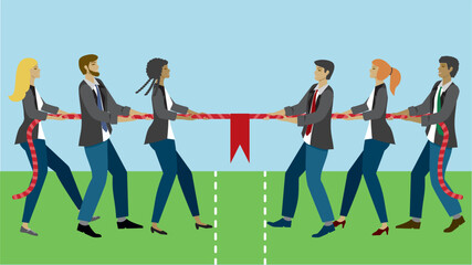 Group of business people in tug of war competition. Dimension 16:9. Vector illustration.