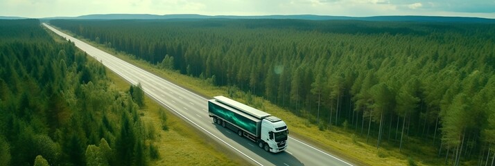 Aerial top view of car and truck driving on highway road in green forest. Sustainable transport. Drone view of hydrogen energy truck and electric vehicle driving on asphalt road through green