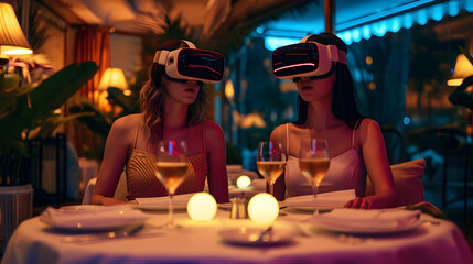 Wall Mural - Photograph of couple having romantic dinner at a restaurant wearing a VR headset.