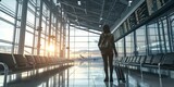 Fototapeta Do przedpokoju - Silhouette of traveler in international airport looking at flight schedules for checking take off time.