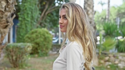 Poster - Cheerful young blonde woman exuding confidence, joyfully smiling while standing in a sunny park, reveling in the green beauty of nature - a radiant portrait capturing her contagious happiness.