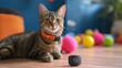 Katze in einem Kinderzimmer mit Spielzeug im Hintergrund und GPS Tracker Halsband zur Ortung von Haustieren Generative AI