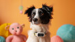 Hund in einem Kinderzimmer mit unscharfem Spielzeug im Hintergrund und Halsband mit GPS Tracker zur Ortung von Haustieren Generative AI