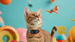 Katze in einem Kinderzimmer mit Spielzeug im Hintergrund und GPS Tracker Halsband zur Ortung von Haustieren Generative AI