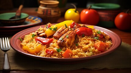 Wall Mural - west african meal made of orange-red cooked rice with tomatoes, onions, peppers, and garnished with ripe plantain and chicken on it, served in african traditional plate