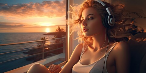 Wall Mural - A girl at a summer sunset beach party, sporting oversized headphones and stylish sunglasses, exuding a disco vibe.