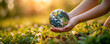 Child Embracing Earth Hope for the Future,Warm sunset illuminating a child's hands gently cradling a detailed globe, amidst of lush greenery, evoking care for our planet , Environment world earth day