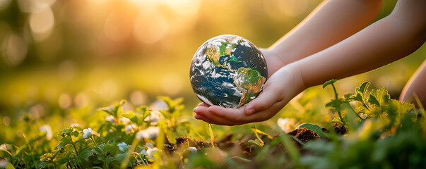 child embracing earth hope for the future,warm sunset illuminating a child's hands gently cradling a