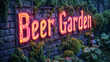 A neon 'Beer Garden' sign outside surrounded by rustic elements