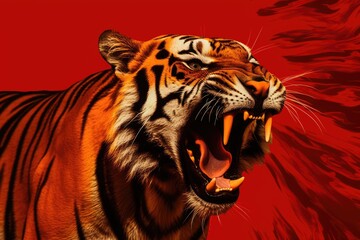 Wall Mural - Roaring big tiger on bright red background. Angry big cat, aggressive jaguar attacking. Backdrop with animal for poster, print, card, banner