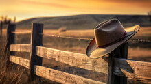 A Cowboy Hat Hanging On An Old Wooden Fence