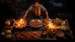 fast Food An overhead view of a street food vendor expertly crafting spicy pani puris, capturing the dynamic interaction of flavors and the excitement of this beloved Indian snack -Generative Ai
