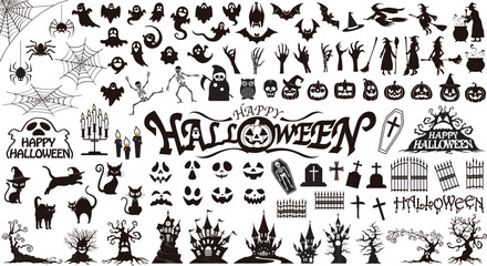 Wall Mural - Set of Halloween silhouettes black icon and character. Vector illustration. Isolated on white background.