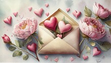 Valentine S Day Background Pink Flowers Envelope Hearts On White Background Valentines Day Concept Flat Lay Top View Copy Space
