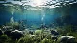 Fototapeta Do akwarium - An underwater forest of swaying seagrass, home to a variety of marine life, bathed in the gentle glow of sunlight filtering through the water -Generative Ai