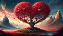 Tree Of Love Red Heart Shaped Tree Landscape Valentine S Day Background