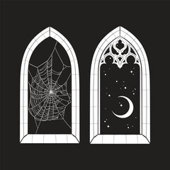 Sticker - Gothic windows with cobweb and night sky with crescent moon hand drawn line art gothic tattoo design isolated vector illustration