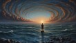 Silhouette of a man in a boat, a huge sea at sunset. Mystical experience, life after death, afterlife, astral projection. Made by Generative AI