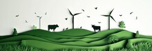 Wide Skyline Illustration On White Background, Silhouette Papercut Windmills Pylon Green Energy Cows Marsh