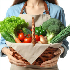 Wall Mural - woman holding a basket of vegetables isolated on white background. ai generative