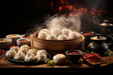 Steam bun, dim sum, sticky rice cake on the table